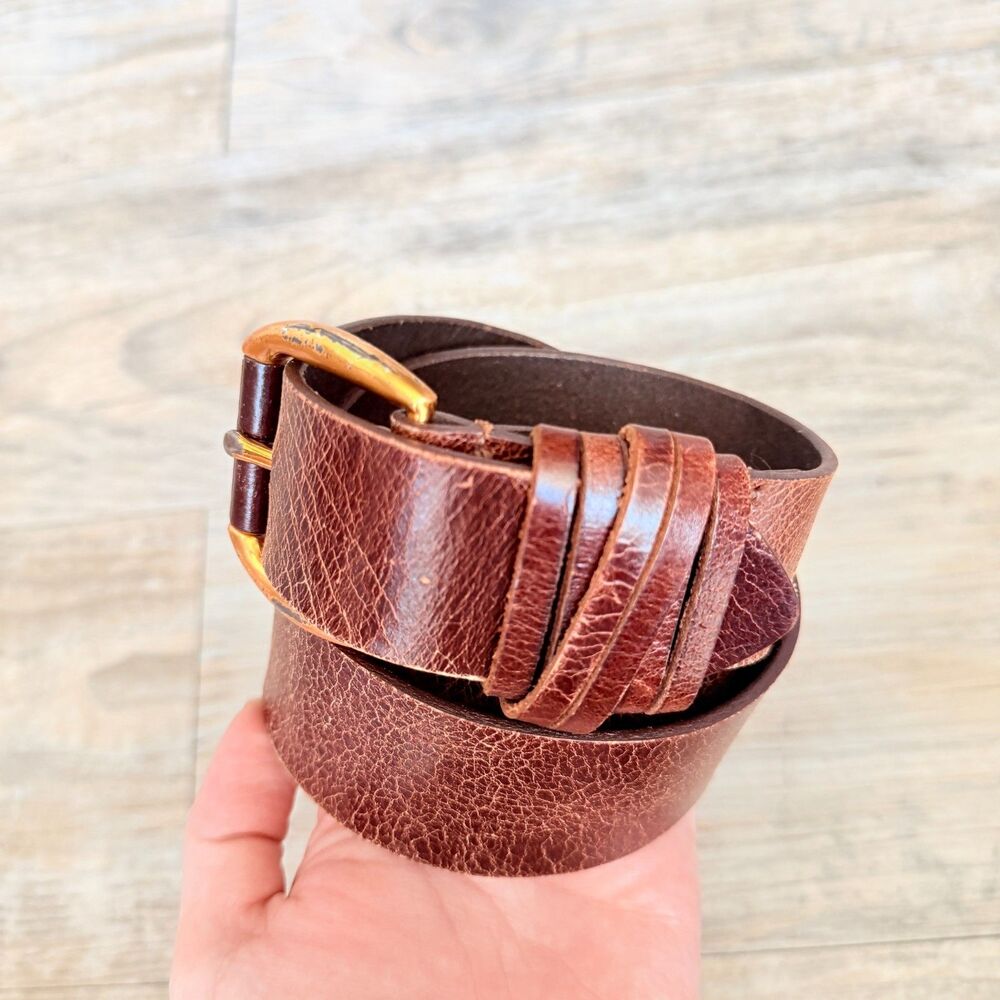 Vintage Tommy Hilfiger Leather Belt Brown Distressed Brass Buckle Size 32 Y2K